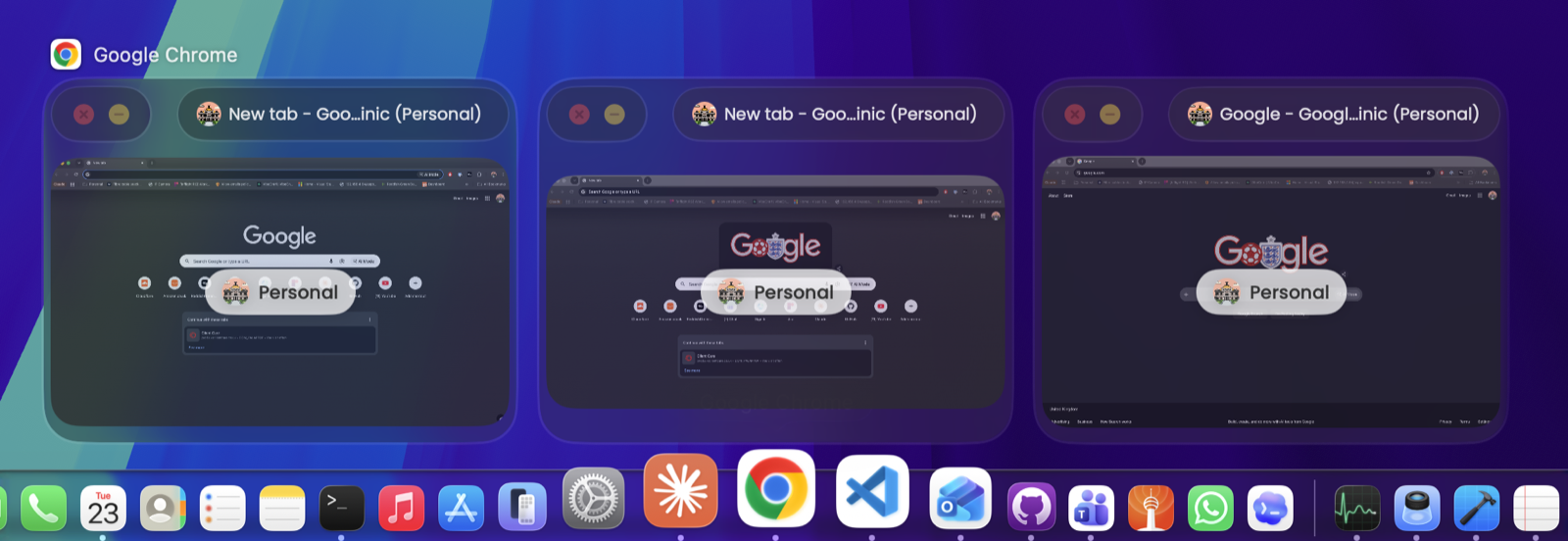 ReddishGreen Dock showing live previews of three Chrome windows labelled with the Personal profile, above the macOS Dock